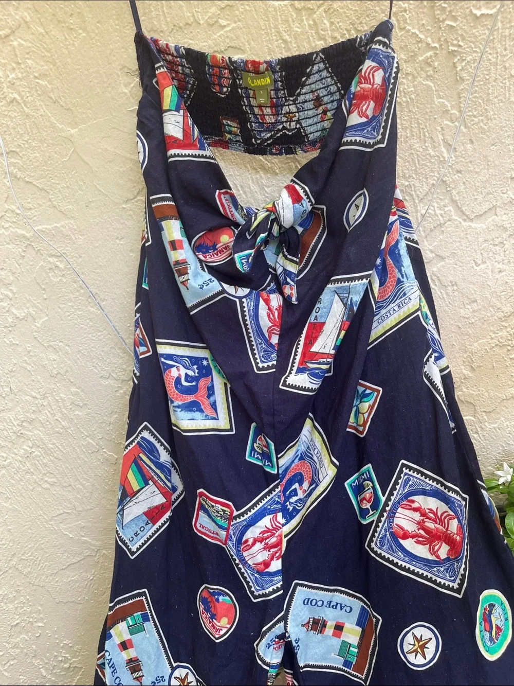 Anthropologie Navy Multicolor Travel-Stamp Wide-Leg Jumpsuit